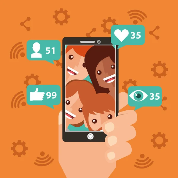 Main avec smartphone contenu viral personnes vues suiveurs — Image vectorielle