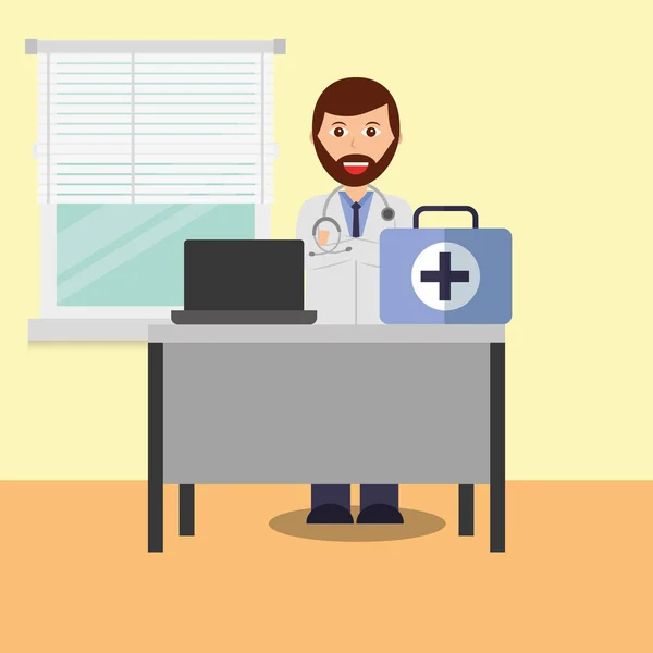 Medico in sala di consultazione computer scrivania valigia medica — Vettoriale Stock