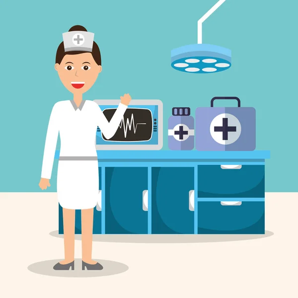 Enfermeira máquina de monitoramento farmácia medicina — Vetor de Stock