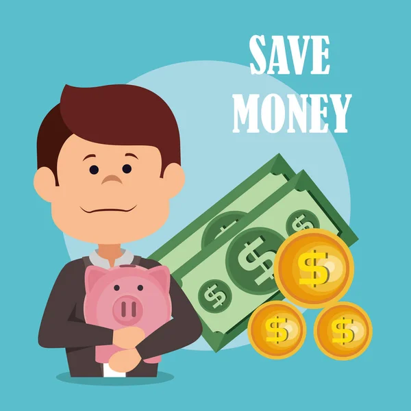 Homem de negócios com ícones economizar dinheiro — Vetor de Stock