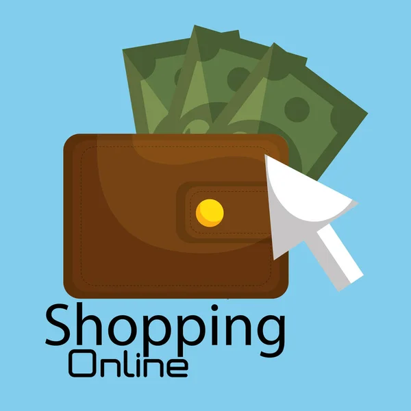 Покупки онлайн с кошельком и счетами — стоковый вектор