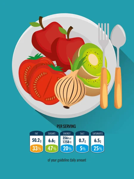 Grupo de frutas e legumes com fatos nutricionais — Vetor de Stock