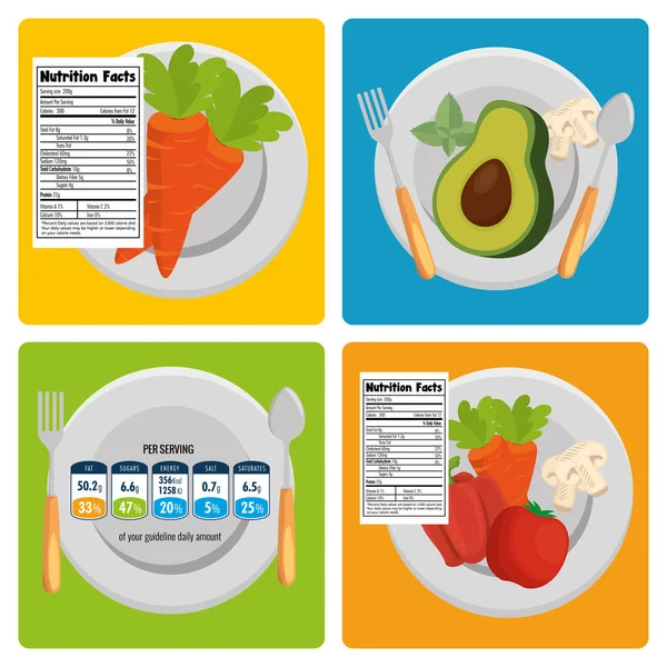 Grupo de frutas y verduras con información nutricional — Vector de stock
