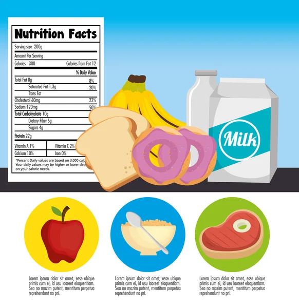 Grupo de alimentos nutritivos con información nutricional — Vector de stock