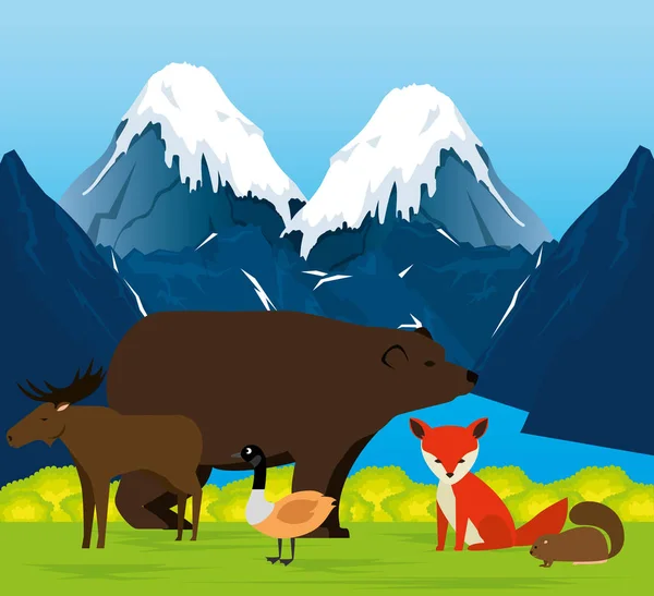 Paisaje canadiense con animales escena grupal — Vector de stock