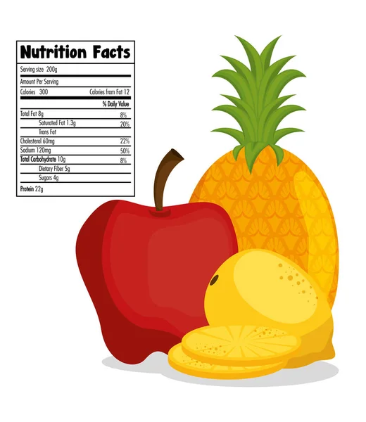 Grupo de frutas con datos nutricionales — Vector de stock