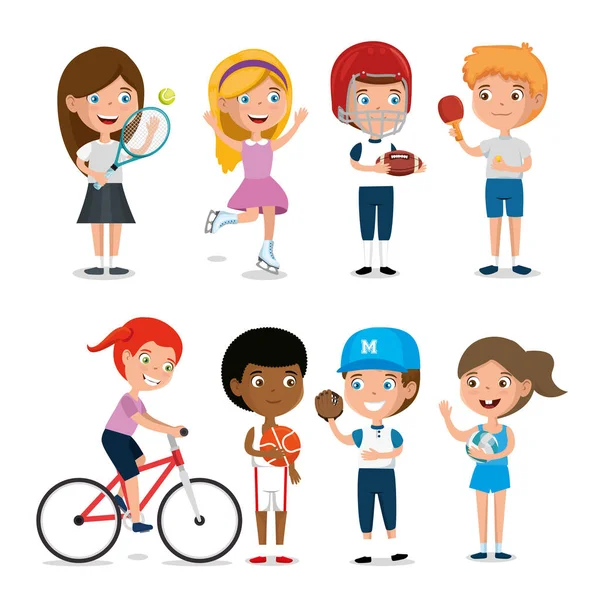 Groupe d'enfants heureux pratiquant des personnages sportifs — Image vectorielle