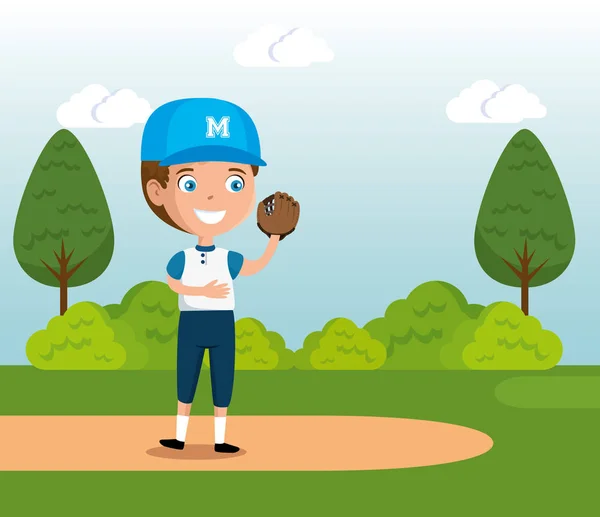 Kleine jongen spelen honkbal gelukkig karakter — Stockvector