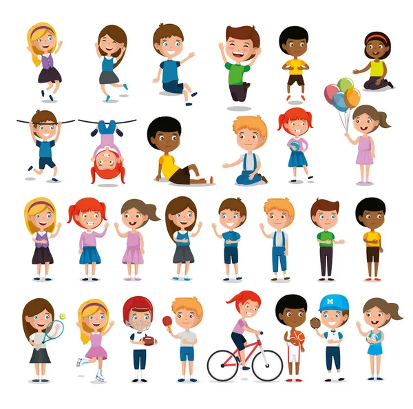 Groupe d'enfants heureux pratiquant des personnages sportifs — Image vectorielle