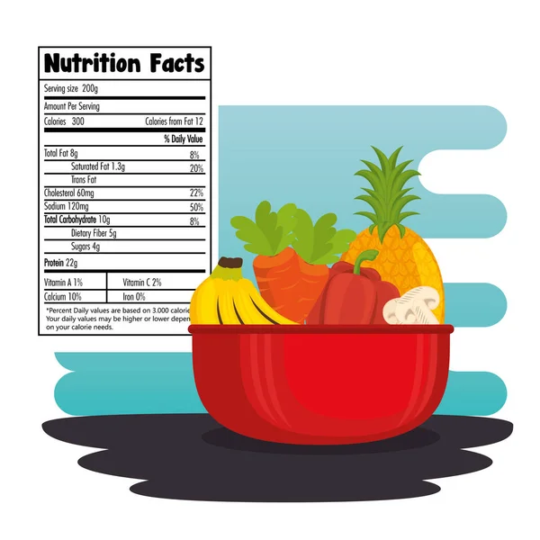 Grupo de frutas y verduras con información nutricional — Archivo Imágenes Vectoriales