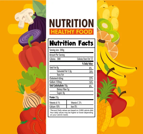 Grupo de frutas e legumes com fatos nutricionais — Vetor de Stock