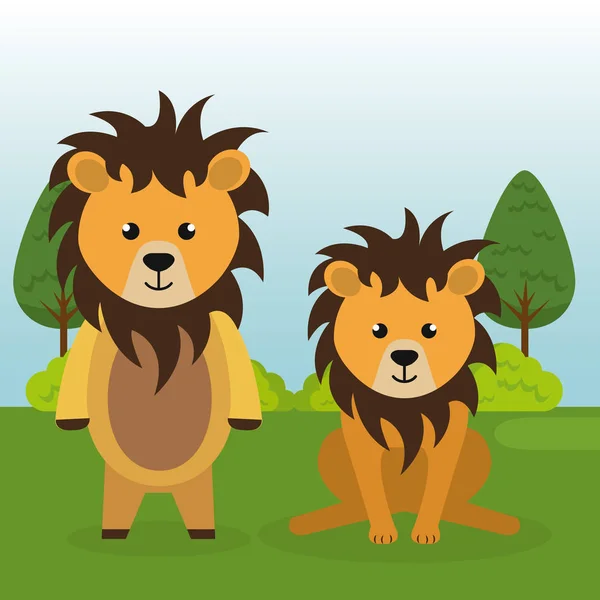 Lindos leones pareja en el campo paisaje personajes — Vector de stock