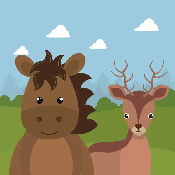 可爱的驯鹿和马在田野风景字符 — 图库矢量图片