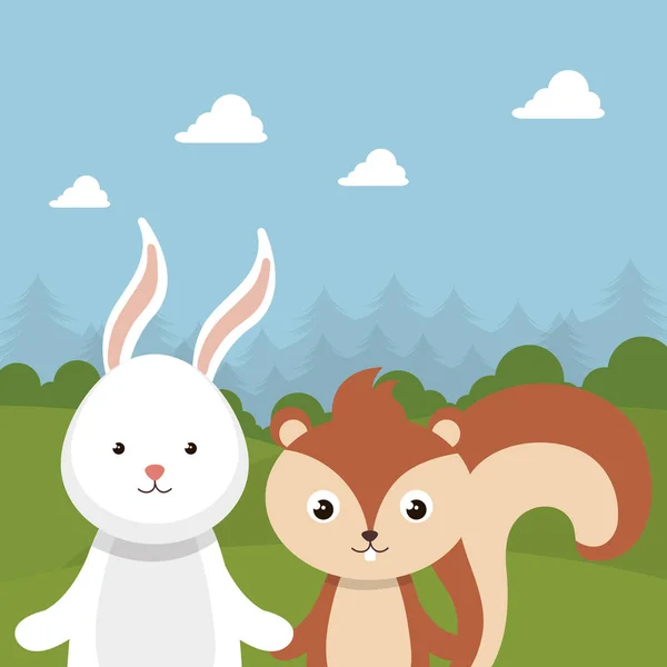 Carino coniglio e scoiattolo nel carattere paesaggio campo — Vettoriale Stock