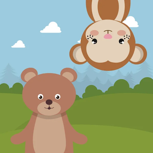 Симпатичные обезьяна и медведь в полевых пейзажах персонажей — стоковый вектор