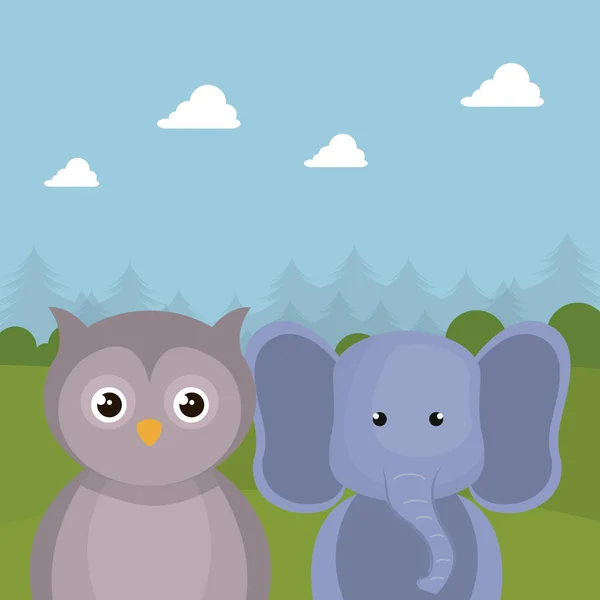 Mignon éléphant et chouette dans le paysage de terrain personnages — Image vectorielle