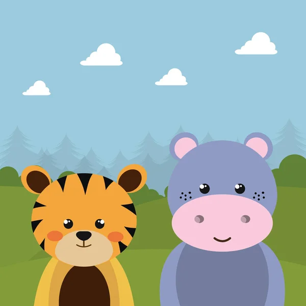 Tigre mignon et hippopotame dans le personnage de terrain — Image vectorielle