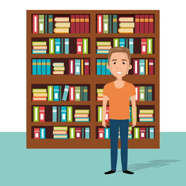 Joven en la escena del personaje de la biblioteca — Vector de stock