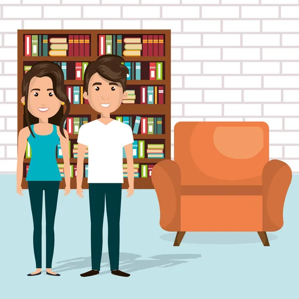 Νεαρό ζευγάρι στην βιβλιοθήκη χαρακτήρες είδωλα — Διανυσματικό Αρχείο