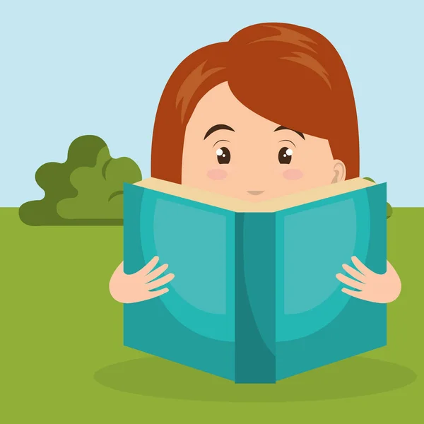 Jonge vrouw lezen in het veld teken scène — Stockvector