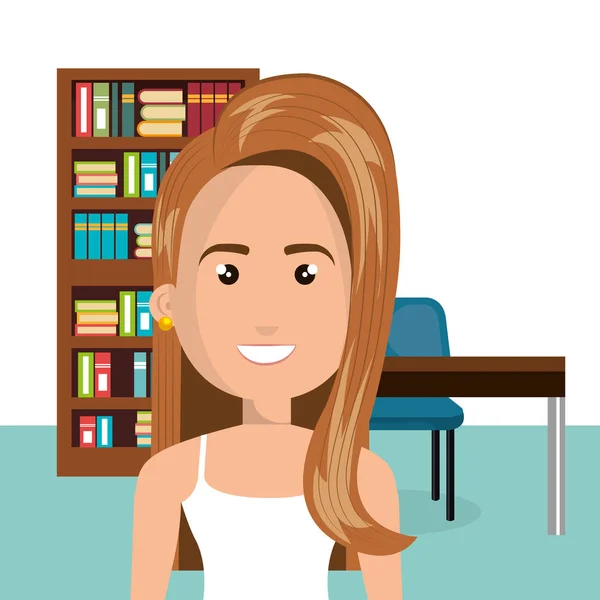 Jonge vrouw in de bibliotheek karakter scene — Stockvector