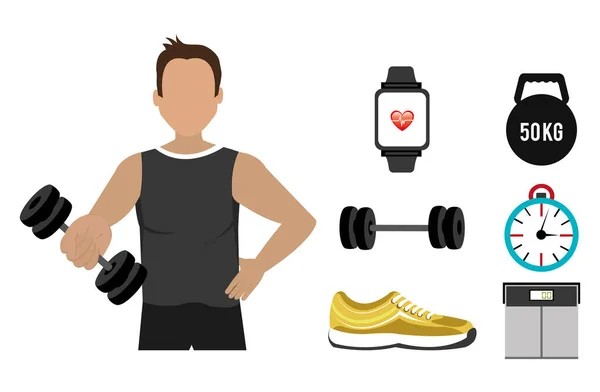 Hombre con iconos establecidos fitness — Vector de stock