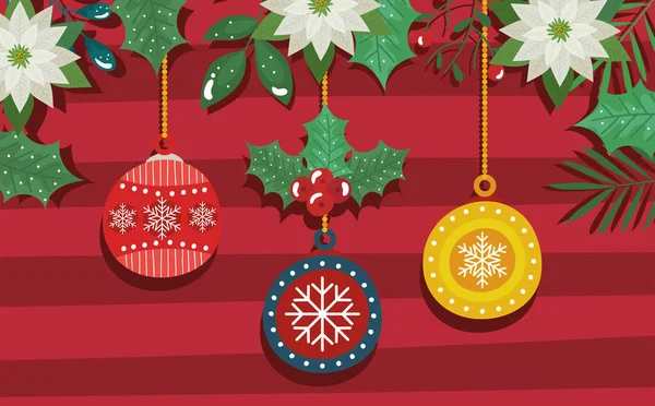 Веселий різдвяний плакат з кульками декоративні та квіти — стоковий вектор