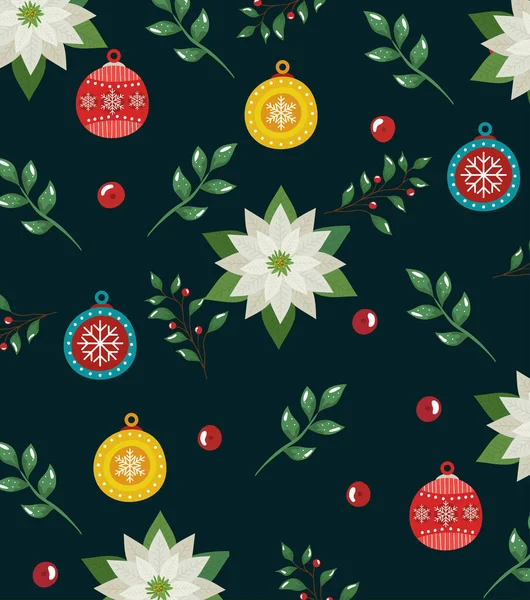 Motif de joyeux Noël avec des fleurs et des boules décoratives — Image vectorielle