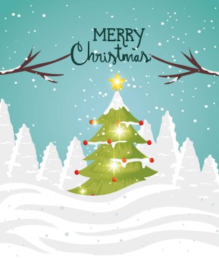 Kış sahnesinde çam ağacıyla mutlu noel kartları