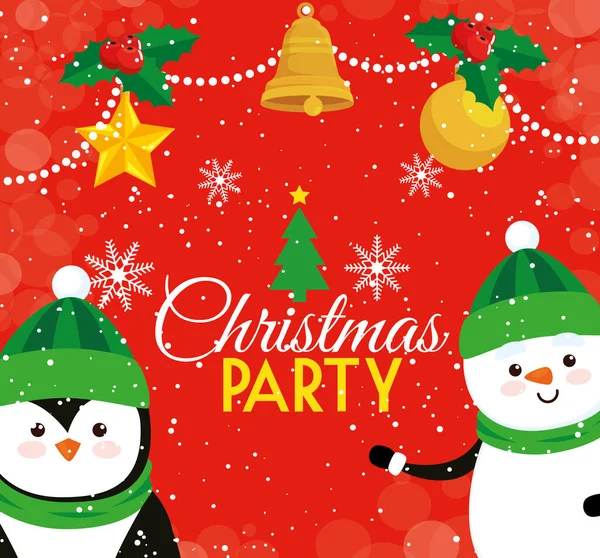 Party christmas card with penguin and snowman — Stock Vector