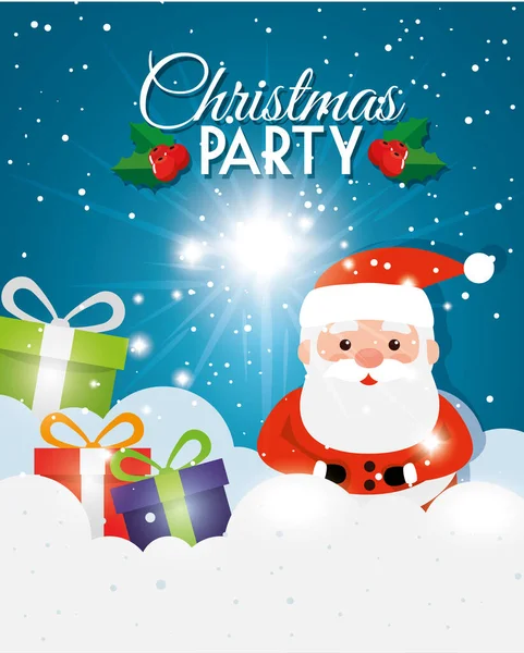 Party christmas card with santa claus and gift boxes — Stock Vector