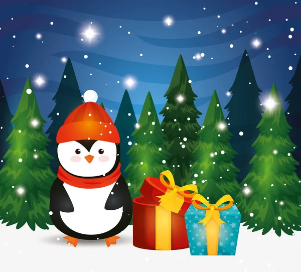 Pingwin z pudełkami prezentów w zimowej scenie — Wektor stockowy