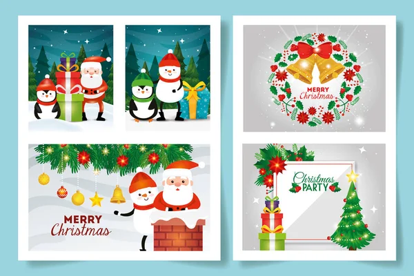 装飾が施されたメリークリスマスカードのセット — ストックベクタ