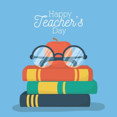 Kitaplı, elma ve gözlüklü mutlu öğretmenler günü kartı