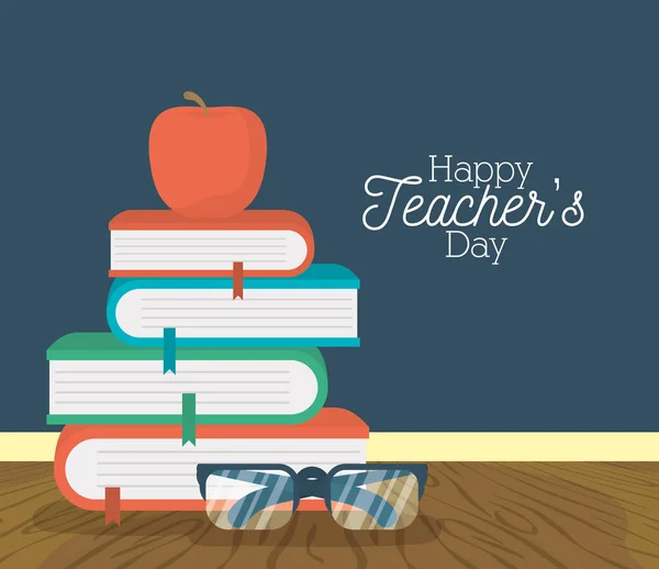 Feliz día de los maestros tarjeta con libros de manzana y anteojos — Vector de stock