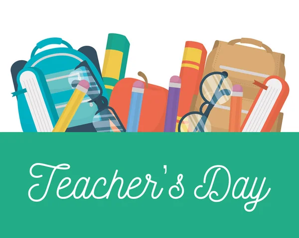 Cartão de dia de professores felizes com saco escolar e suprimentos —  Vetores de Stock