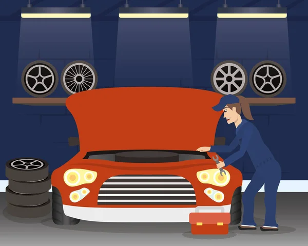 Kadın tamirci araba karakteri olarak çalışıyor — Stok Vektör