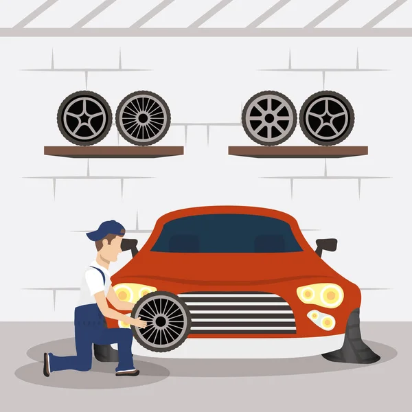 Hombre mecánico trabajando en el cambio de neumáticos de coche — Vector de stock