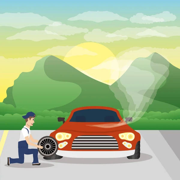 Automechaniker beim Reifenwechsel — Stockvektor