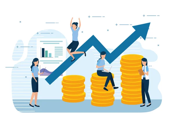 Ženy týmové práce s hromadnými mincemi a infografií — Stockový vektor