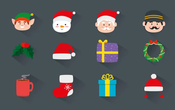 Paquete de Navidad con decoración y personajes — Vector de stock