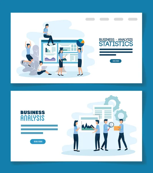 Teamwork set scener med analyseinfografisk – stockvektor