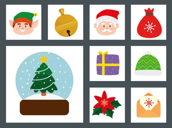 Bundle christmas with decoration and characters — Stock Vector