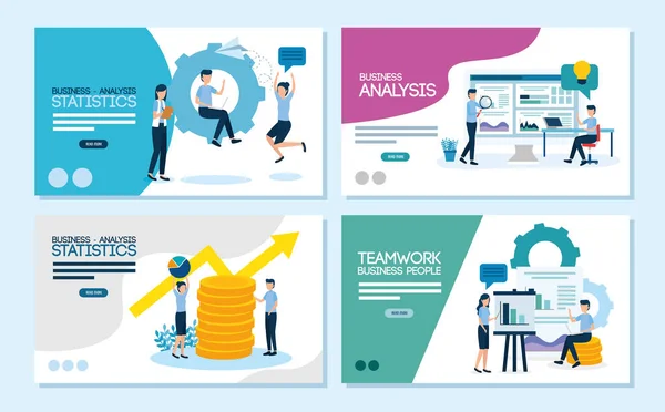 Conjunto de trabalho em equipe cenas de análise infográfico — Vetor de Stock