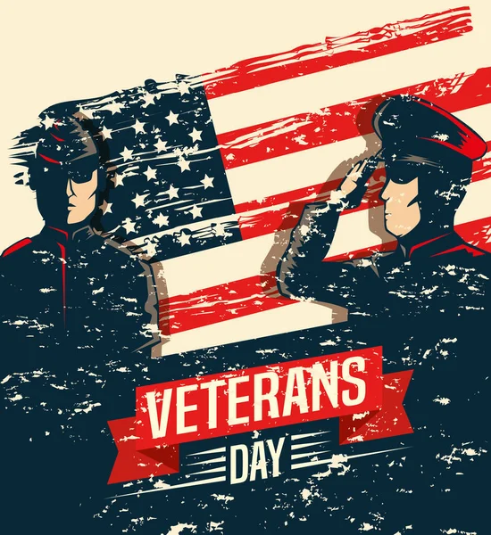 Celebración del día de los veteranos con militares y bandera — Vector de stock