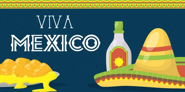 Viva celebrazione messicana con bottiglia di tequila e cappello — Vettoriale Stock