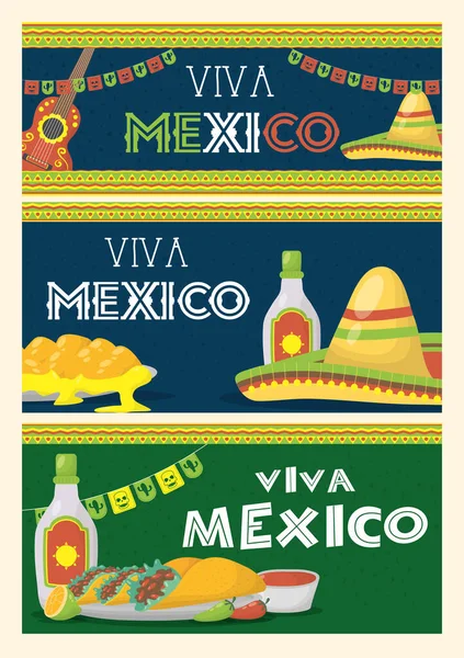 Viva celebración mexicana con iconos establecidos — Vector de stock