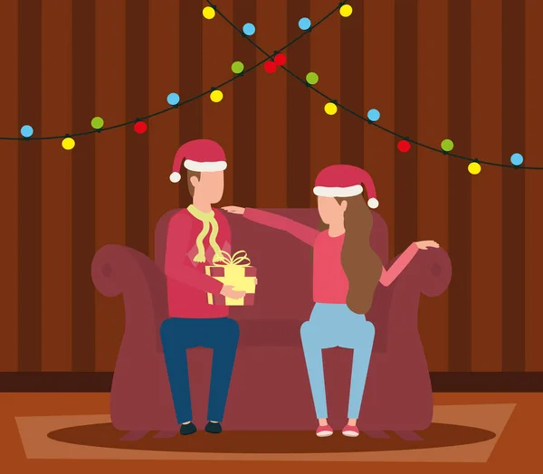 Šťastný veselý vánoční pár slaví v obývacím pokoji — Stockový vektor