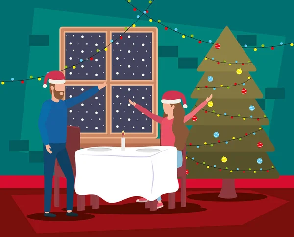 Gelukkig vrolijk kerstmis paar vieren met dennenboom — Stockvector