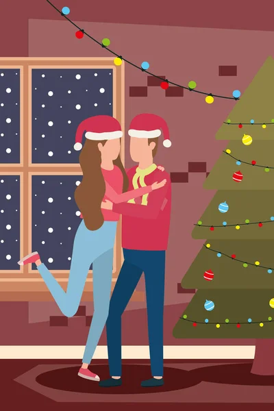 Heureux joyeux couple de Noël célébrant avec pin — Image vectorielle